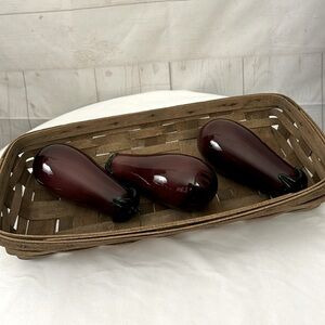 Art Glass Handblown Eggplants in Woven Flat Stake Basket